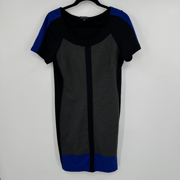 Venus Dress Womens Medium Black Gray Blue Colorblock Stretch Sheath Scoop Neck - Picture 1 of 10